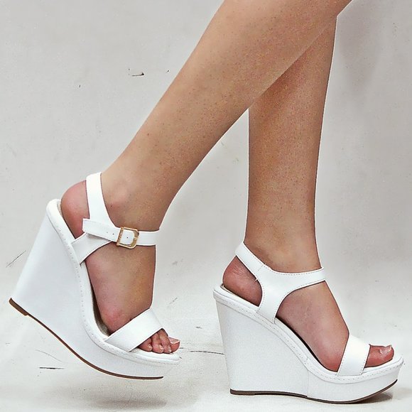 New White Ankle Strap Platform Wedge Sandals - Picture 1 of 2